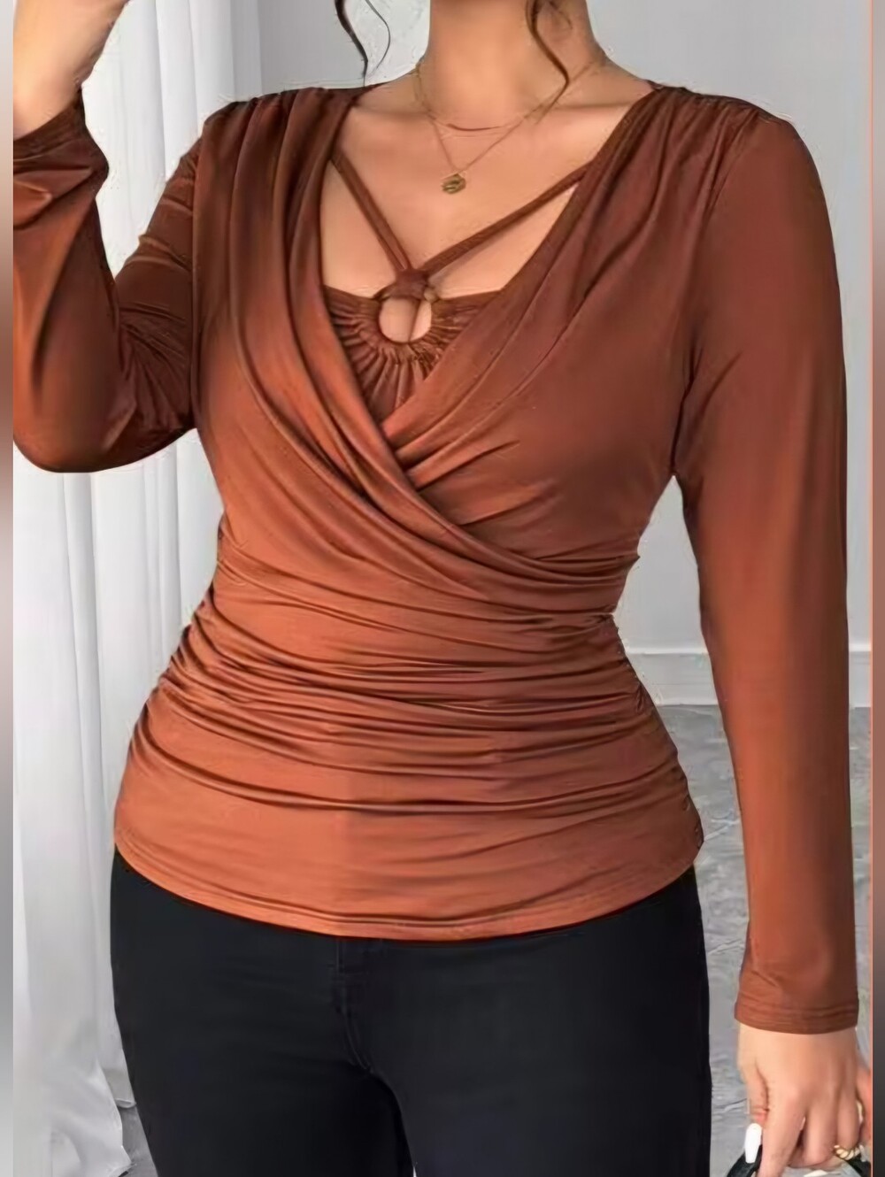 SHEIN Cowl Neck Draped Ruched Top Ring Accent Long Sleeve Blouse Brown Fits L-XL